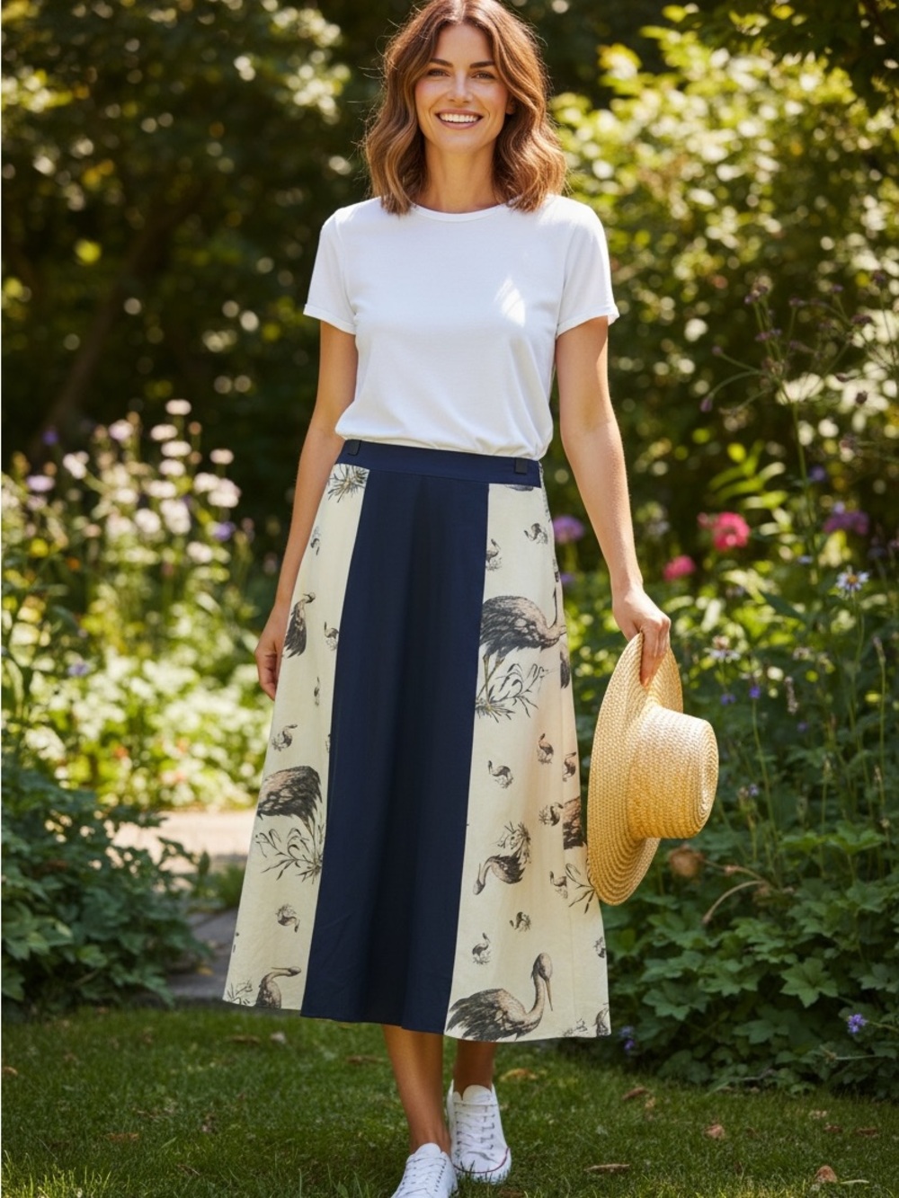 Suno 100% Silk Navy & Cream Crane Print Panel Midi Skirt Size 8